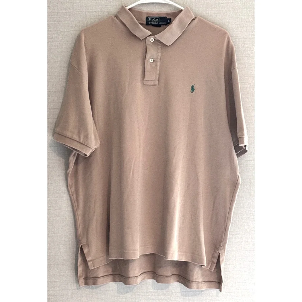 VTG Polo Ralph Lauren Men's Large Tan Beige Polo Shirt Green Pony Classic Fit